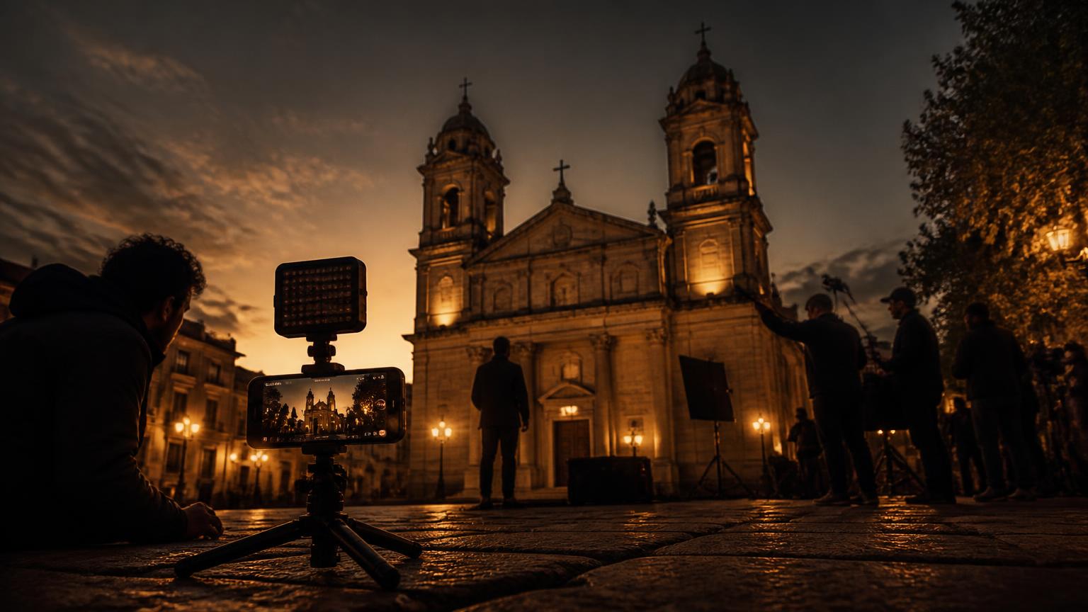 Rodaje nocturno frente a una iglesia de torres gemelas